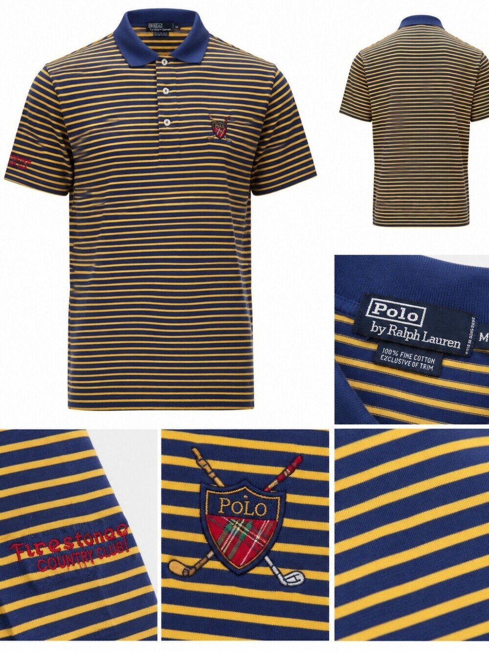 Polo Ralph Lauren Crest Golf Polo Shirt Men M Blue Yellow Stripe Firestone Club.